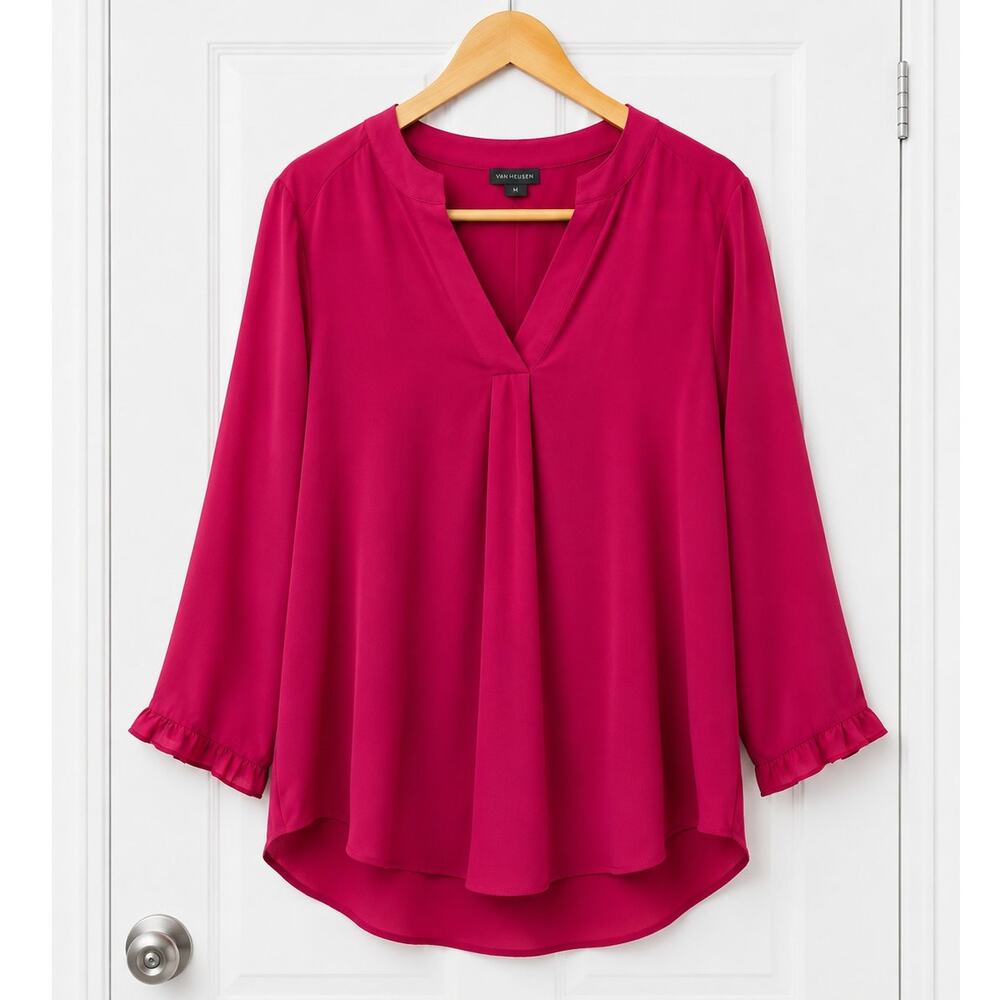 Van Heusen Women’s Medium Pink Fuchsia Ruffle Sleeve Blouse NWT